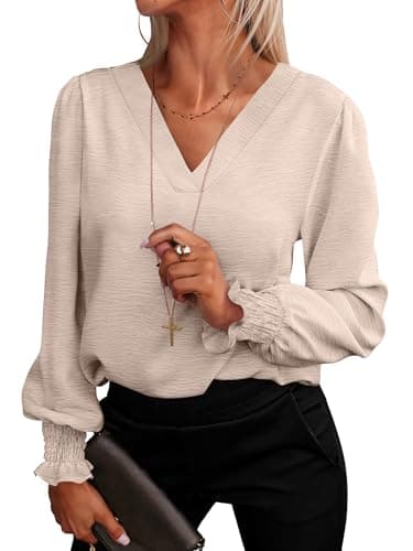 ANRABESS Women's Business Casual Tops V Neck Puff Long Sleeve Shirts Dressy Office Work Blouse 2026 Fall Outfits Clothes Parchment Medium