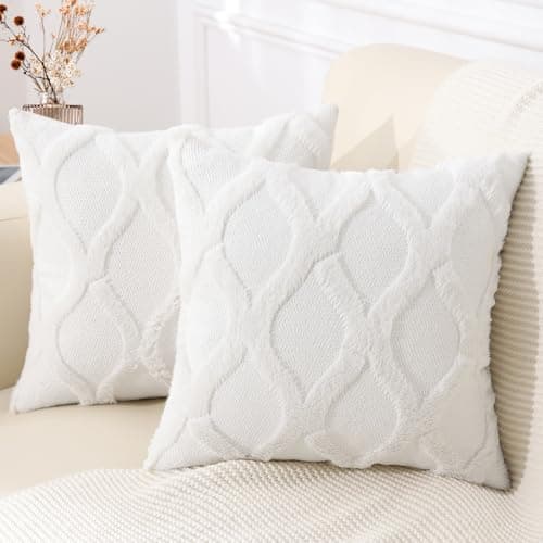decorUhome Spring Throw Pillow Covers 18x18 Inch Set of 2, Soft Plush Faux Fur Wool Cream White Couch Pillow Covers, Decorative Neutral Pillow Cases for Bed Sofa Living Room Home Decor