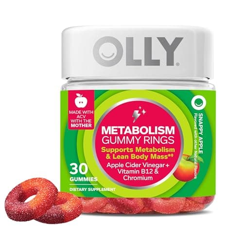 OLLY Metabolism Gummy Rings, Apple Cider Vinegar, Vitamin B12, Chromium, Energy and Digestive Health, Chewable Supplement, Apple Flavor - 30 Count