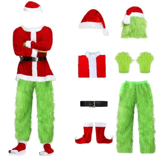 Beita Christmas Green Big Monster Santa Costume for Men 7 PCS Deluxe Furry Adult Santa Suit Xmas Holiday Outfit Include Mask (Adult-2XL/3XL)
