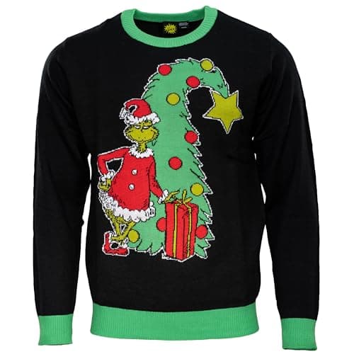 Mad Engine The Grinch Bend Tree with Gifts Adult Knitted Ugly Christmas Sweater - Officially Licensed (US, Alpha, XX-Large, Regular, Regular) Black