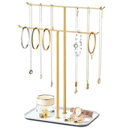 pickpiff Necklace Holder Jewelry Organizer Stand – 2‑Tier T‑Bar Jewelry Display Tree with Tray for Countertop Necklace Bracelet Earring Storage, Vanity Dresser Bathroom Sink, Gold