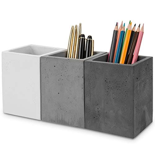 MyGift Modern Gray-Tone Concrete Desktop Pencil Holder Cup and Pen Holder, Office Stationery Organizer, Set of 3