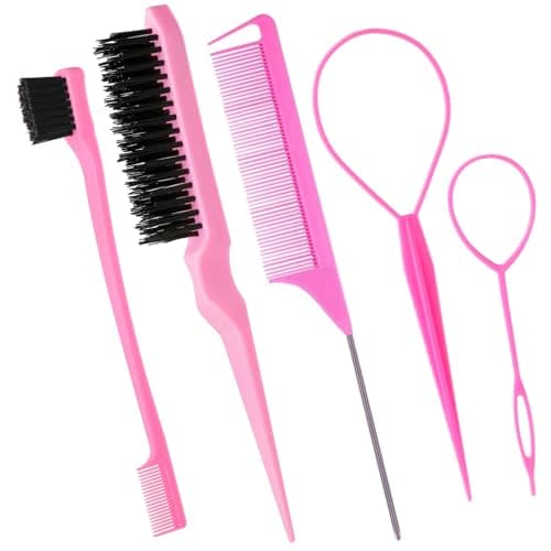 5Pcs Slick Back Brush Set with Topsy Tail Tool, Teasing Bristle, Rat Comb for Women & Girls Hair Styling, Flyaways Control and Edge Combing - Pink