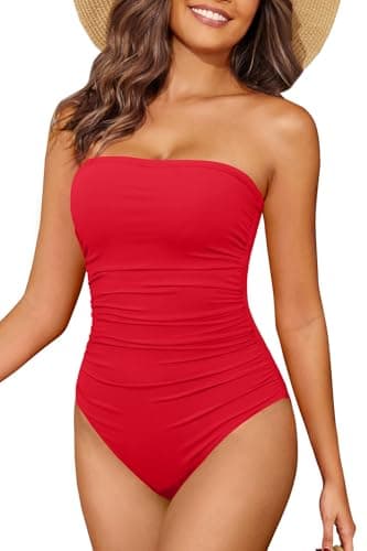 Holipick Women Red Bandeau One Piece Swimsuits Tummy Control Bathing Suits Halter Strapless Swimwear M