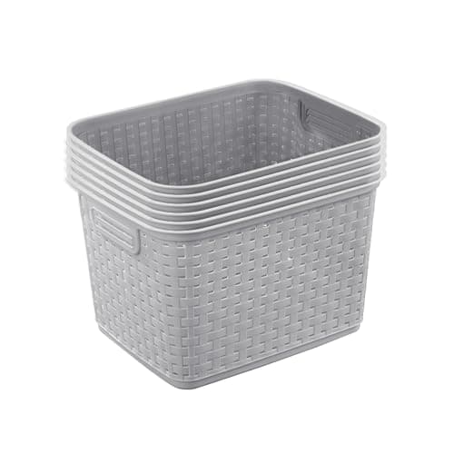 Sterilite 6-Pack Tall Weave Basket, Woven Plastic Storage Baskets for Organization, Cement Gray - Organizing Bin Containers with Handles for Bedroom, Bathroom, Dorm, Laundry Room, and Closet