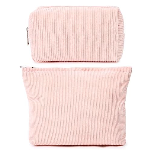 SOIDRAM 2 Pieces Makeup Bag Large Corduroy Cosmetic Bag Capacity Canvas Mix Travel Toiletry Bag Organizer Cute Makeup Brushes Aesthetic Accessories Storage Bag for Women, Corduroy Mix Pink