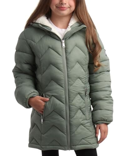 DKNY Girls Puffer Jacket - Full Sherpa Lined Glacier Shield Mid Length Quilted Puffer Jacket Kids Insulated Winter Coat, Size 10-12, Sage Green