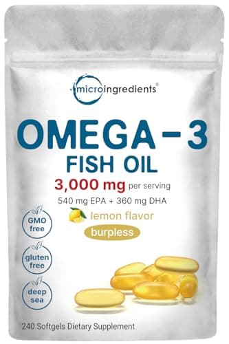 Omega 3 Fish Oil Supplements 3,000mg Per Serving, 240 Softgels | Lemon Flavored – Burpless | EPA 540mg + DHA 360mg | Heart & Brain Support | Deep Sea Fish