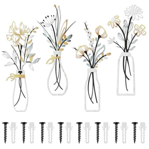 Buseeau 4Pcs Metal Flowers Wall Arts, Rustic Farmhouse Wall Decor Set, Bathroom Wall Art & Metal Wall Art with Included Nails for Bathroom Living Room Dining Room Bedroom, Housewarming Gifts
