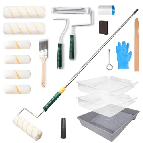 Wesquer 18 Piece Paint Roller Kit with Extension Pole, 9" & 4" Roller Frames, 6 Paint Roller Covers, Tray Liners, Angled Brush, Drop Cloth, Complete Painting Set for Walls, Ceilings, Home Projects