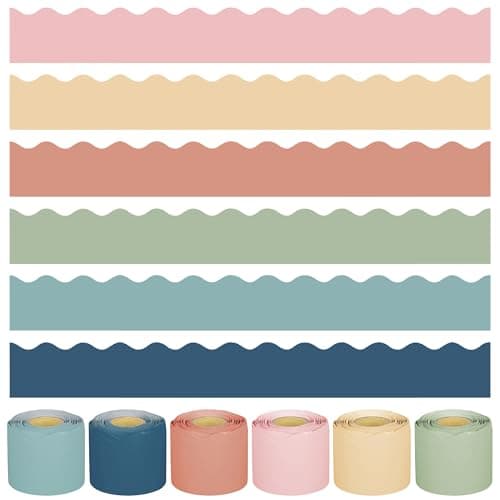 240Ft Boho Bulletin Board Borders Colorful Classroom Border Trim Boho Scalloped Borders Stickers Rolled Boho Bulletin Board Decorations for Classroom School Home Office Chalkboard Decor, 6 Rolls