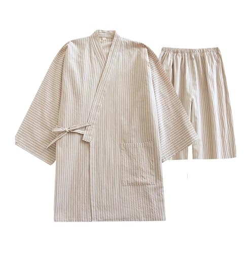 Classical Traditional Japanese Style Pajamas, Stylish Cotton Bathrobe Kimono Pajamas Casual Clothes for Men and Women, Beige Stripe