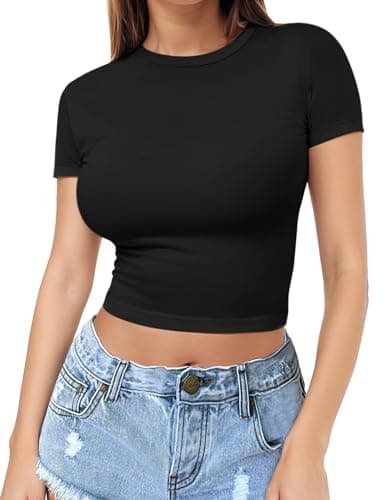 Womens Short Sleeve Crop Top Crew Neck Y2K Shirt Sexy Slim Fitted Casual Base Layer Lightweight Soft Tops Workout Shirts 2024 Women's Clothing XS-XL Underwear Black