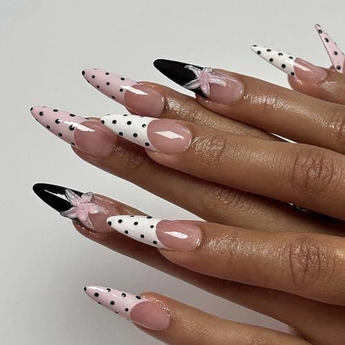 MISUD Press on Nails - Long Stiletto Fake Nails with Polka Dot, Acrylic French Tip Design 24 pcs