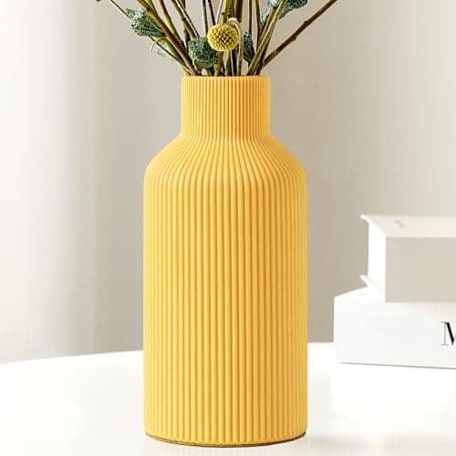 Mfacoy Ceramic Flower Vase, Minimalist Decor, Modern Home Decorative Vase, Small Pampas Grass Vases for Kitchen Bedroom Office Living Room Bathroom Shelf Centerpiece Table Decorations (Yellow)