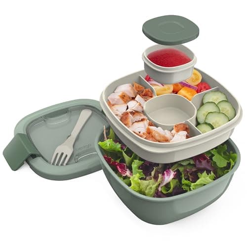 Bentgo Salad Container - 54 oz Bowl with 4-Compartment Toppings Tray, Leak-Proof Dressing Container, Reusable Fork, BPA-Free Lunch Box for Meal Prep & Food Storage; Removable Bento Tray (Khaki Green)