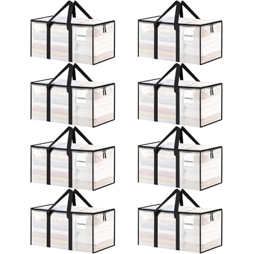 8 Pack Extra Large Heavy Duty Moving Bags, Clear Storage Bins with Lids, Reinforced Handles & Heavy-Duty Zippers Moving Boxes Storage Bags Totes for Clothes Packing, Dorms, College Supplies, Clear
