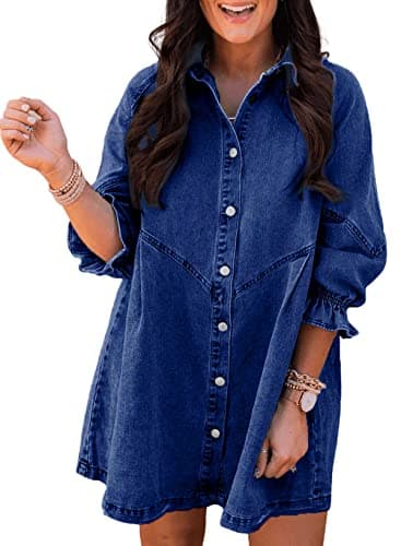 Sidefeel Womens Smocked 3 4 Sleeve Button Down Denim Jeans Dresses Medium Blue