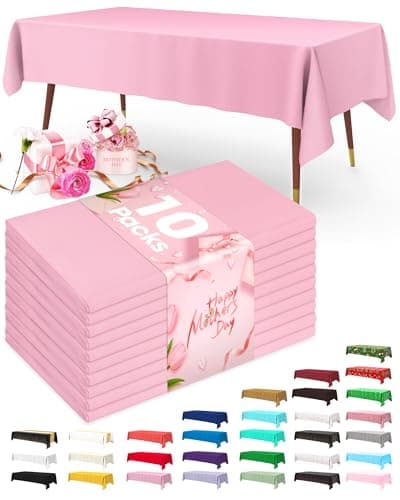 Pureegg Plastic Table Cloth Disposable 10 Pack, 54 x 108 Inch Table Cloths, Easter Party, Valentines, Mothers Day Decorations, Tablecloths, Rectangle, Pastel Plastic Cover, Leakproof & Sturdy, Pink