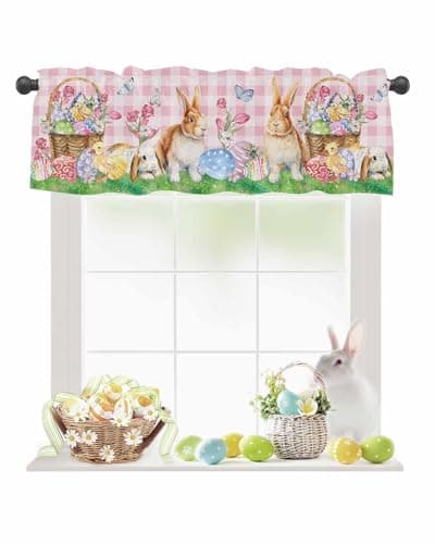 Amoxx Easter Curtain Valance for Window Treatments Easter Eggs Cute Bunny Rod Pocket Kitchen Valance Drapes Spring Pink Buffalo Check Valance for Bathroom Bedroom Living Room 1 Panel 54x18 Inch