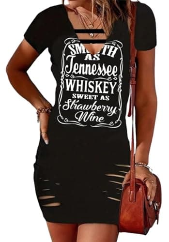 Smooth As Tennessee Whiskey Sweet As Strawberry Wine Mini Dress Women Cut Out V Neck Slim Bodycon Short Mini Dresses(Large,Black)