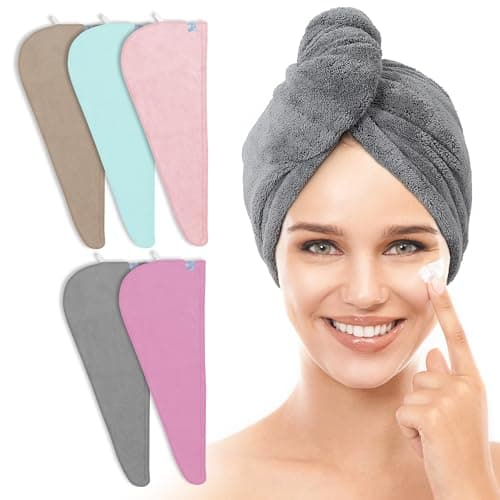 TENSTARS 5 Pack Thicken Microfiber Hair Towel Wrap for Women - Elastic Loop Design - 320GSM Coral Velvet - Quick Dry Hair Turban - 11x28 Inch (Grey+Pink+Brown+FrozenBlue+FrozenBerry)