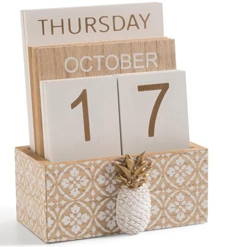 Block Calendar for Desk 2025, Wood Desk Perpetual Calendar, Valentines Day Gift Daily Desktop Vintage Wooden Blocks for Home Farmhouse Office Aesthetic Decor Rustic Decoration Brown Pineapple