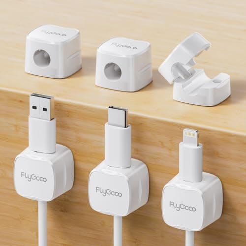 6 Pack Magnetic Cable Clips, FlyCoco Cell Phone Cord Holder for Nightstand, Cord Organizer for Side Table, [Smooth Adjustable] Mini Cube Cord Holder for Home Office Desk Phone Car Wall Desktop(White)