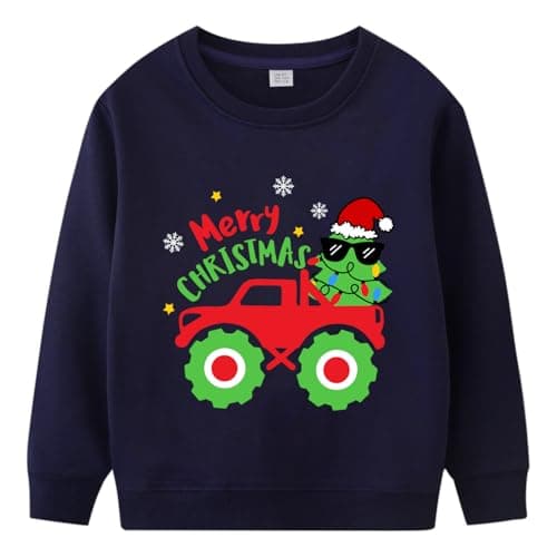 Geoyune Boys Girls Christmas Sweatshirt Toddler Xmas Tree Monster Truck Ugly Sweater Style Tops Kids Long Sleeve Santa Pullover Shirt Clothes 7 Years