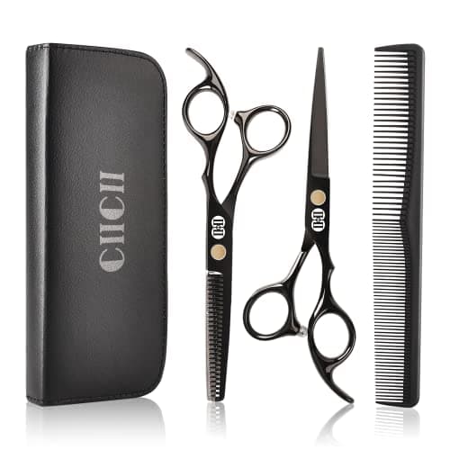 CIICII Hair Cutting Scissors Shears Kit, Professional Hairdressing Scissors Set (Hair Beard Trimming Shaping Grooming Thinning Shears) for Men Women Hairdresser Home Salon Barber Haircut Kit (Black)