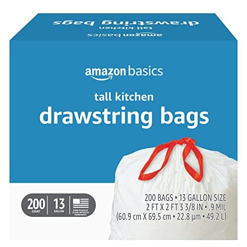 Amazon Basics Trash Bags, Tall Kitchen Drawstring, Unscented, 13 Gallon, 200 Count, Pack of 1