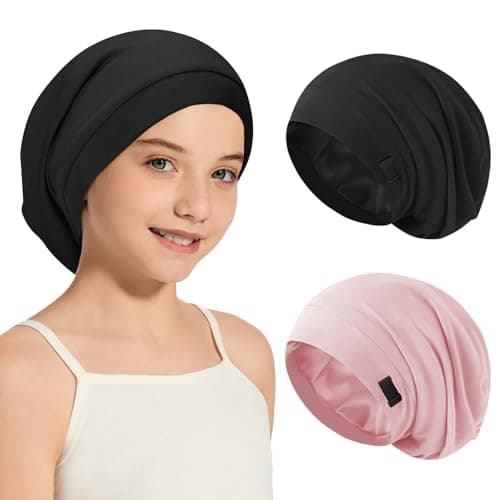 2Pcs Kids Bonnets for Girls Boys Silk Satin Lined Bonnet for Sleeping Adjustable Double-Layer Sleep Cap for Frizzy Curly Hair Slouchy Hat Beanie for Toddler Child Teens(Black&Pink)