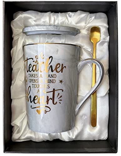 Best Teacher Valentine Gift for Women Men - A Teacher Takes A Hand Opens A Mind Touches A Heart - Funny Appreciation Valentines Day Gifts for Teachers, 14Oz Grey Coffee Mug with Gold Print, Gift Boxed