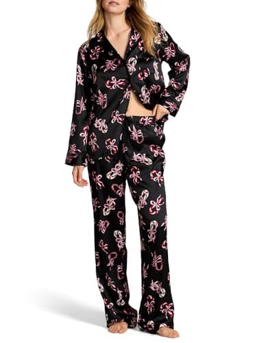 Victoria's Secret Satin Pajama Set, Long Sleeve Button Down & Pants, Pajamas for Women, Black Candy Canes, L