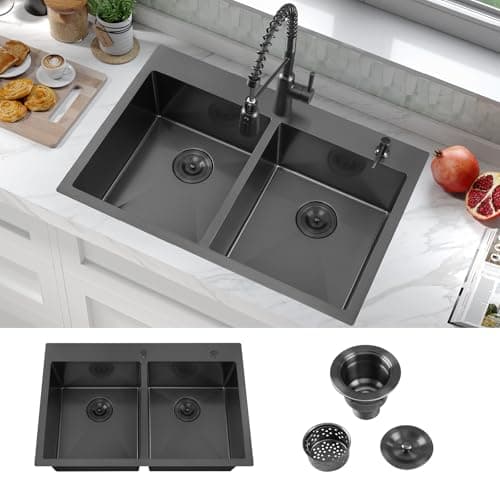 ATTOP 33 Inch Black Drop in Double Bowls Kitchen Sink,33x22 Inch Nano Black Handmade Stainless Steel Double Drop in Kitchen Sink