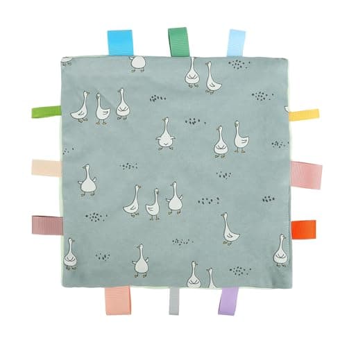 AmazingM Baby Tags Security Blanket, Sensory Soothing Blanket with Tags,Dotted Backing Taggies Blanket for 3-12 Months Boys and Girls. (Duck)