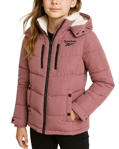Reebok Girls Winter Coat - Heavyweight Quilted Girls Jacket Zip Up Weather Resistant Puffer Kids Winter Coat with Pockets, Size 14-16, Dark Dusty Rose