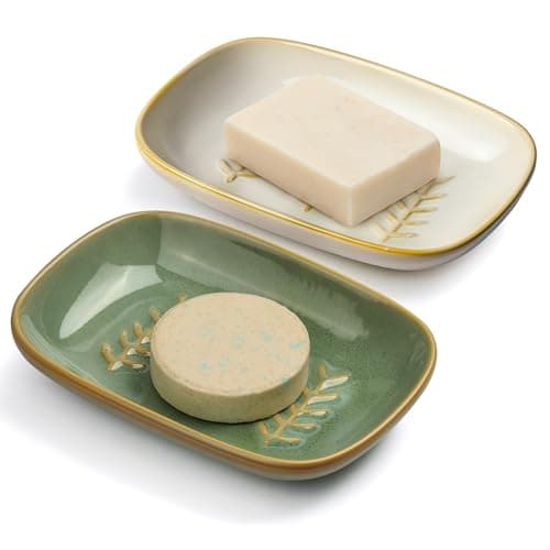 2 Pack Ceramic Soap Dish for Cleaner Shower, Decorative Soap Holder for Bar Square Shampoo or Sponge, Cute Shower Soap Dish Soap Saver Tray Container for Bathroom Kitchen Sink, Easy to Clean