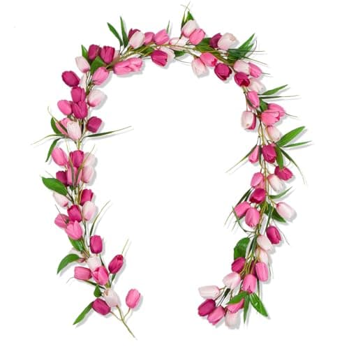 Artificial Tulip Garland，6ft Flowers Garland with Green Leaves Wreath Flower Hanging Vines for Wall Home Wedding Indoor Outdoor Decor