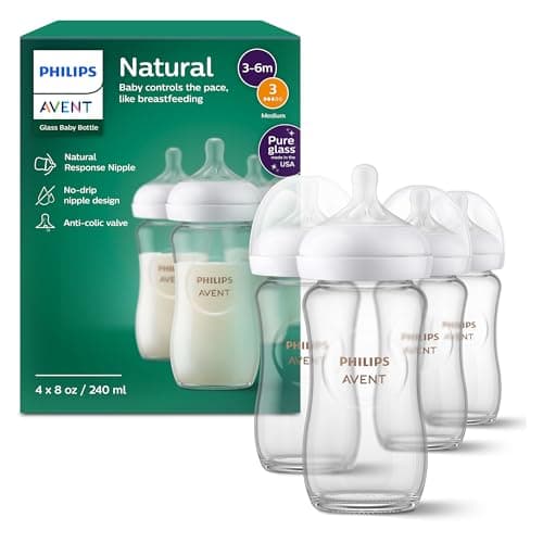 Philips Avent Natural Glass Baby Bottles with Natural Response Nipples (Medium Flow, Flow 3), 8oz, 4-Pack, SCY913/04