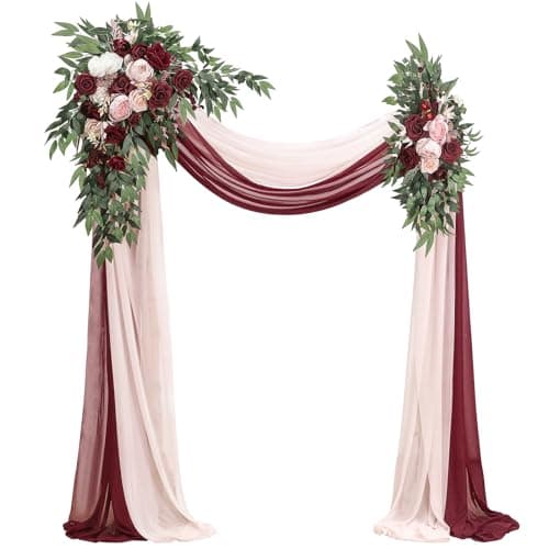 Floroom Arch Flowers with Drapes Kit (Pack of 4) - 2pcs Artificial Burgundy & Blush Floral Swag Arrangement with 2pcs Draping Fabric for Wedding Ceremony Arbor and Reception Backdrop Decoration