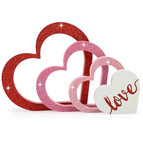 COCHIE Wooden Hearts Valentine's Day Decorations Indoor, Wood Heart Blocks Tiered Tray Decor Set of 4, Red Pink White Valentine Decoration for Table Desk Home Party Office Shelf Door (Glitter)