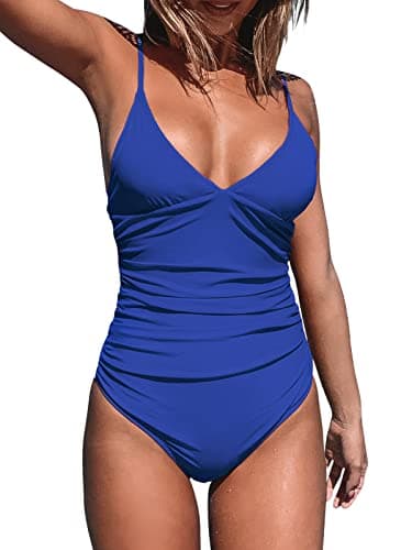 CUPSHE Women's One Piece Swimsuit Shirring Design V Neck Low Back Bathing Suit, Deep Blue, L