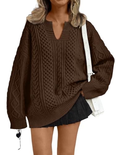 Trendy Queen V Neck Oversized Cable Knit Sweaters for Women Trendy 2025 Early Fall Fashion Outfits Clothes Cozy Pullover Cute Sweaters Tops Casual Winter Clothing Brown M