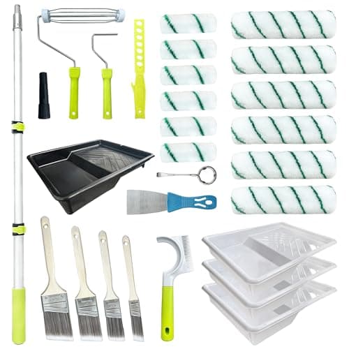 Paint Roller Kit with Extension Pole, 28 PCS Set, 2-4 Ft Pole, 4"9" Paint Rollers,Paint Roller Cleaner,Paint Brushes Set for Professional Painting,House Paint Roller for Latex and Oil Paints & Stains