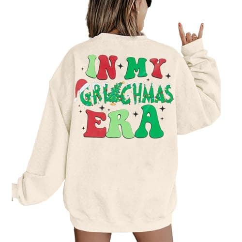 FAYALEQ Women Christmas Sweatshirts In My Merry Christmas Era Long Sleeve Shirts Xmas Family Holiday Crewneck Pullover Top Beige