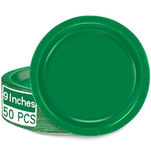 QZYL 50 PCS Disposable Paper Plates, 9 Inches Dinner Paper Plates Set, Green Heavy Duty Paper Plates, Round Paper Plates for Daily Use Picnic Anniversary Birthday St Patricks Day Party Supplies