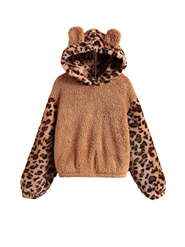 WDIRARA Girl's Leopard Long Sleeve Fuzzy Flannel Hoodie Warm Pullover Sweatshirt Brown 10Y