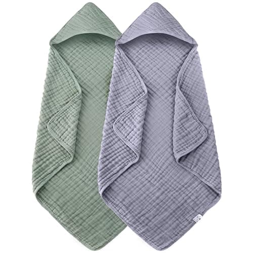 Spotted Play 2 Pack Hooded Baby Towels - 100% Muslin Cotton for Newborns, Infants, Toddlers - Large 32x32Inch Size - Highly Absorbent and Essential for Newborn Care, Green and Grey